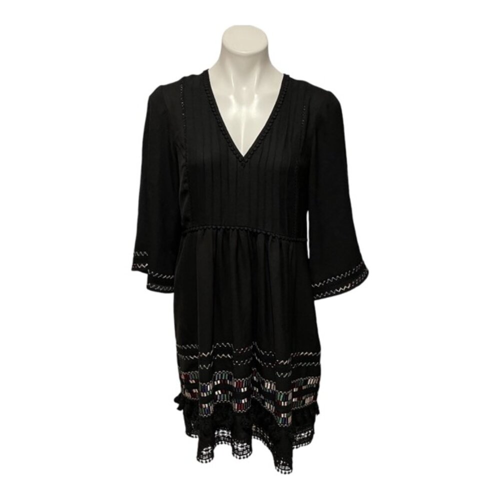 Ranna Gill Anthropologie Medium Black Embroidered Pom Pom V Neck Dress - Picture 2 of 8